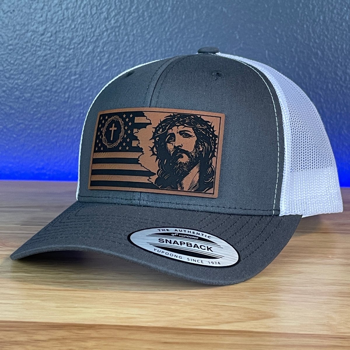 God And Country Jesus American Flag Christian SnapBack Trucker Rawhide Leather Patch Hat Charcoal/White Patch Hat