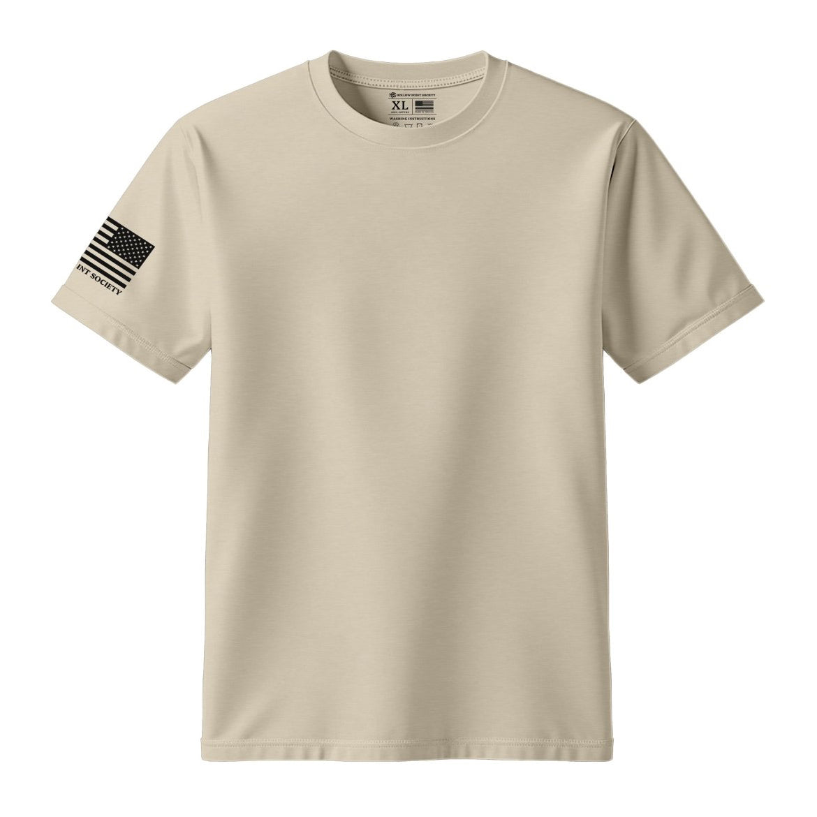 beige tshirt with american flag on the sleeve.