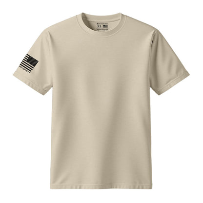 beige tshirt with american flag on the sleeve.