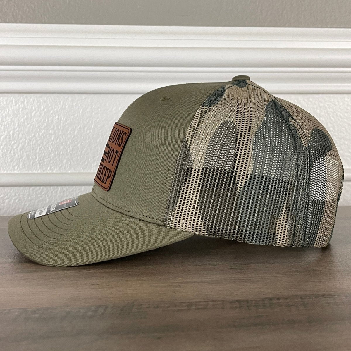 Lions Not Sheep American Flag Patriotic Leather Patch Hat Green/Camo Patch Hat - VividEditions
