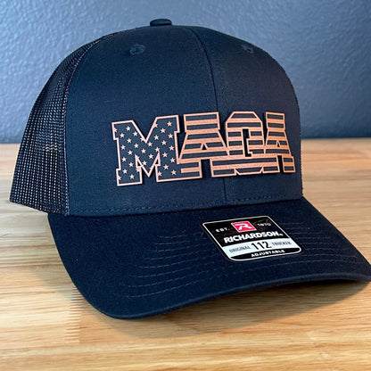 MAGA American Flag Patriotic Leather Patch SnapBack Trucker Hat Patch Hat