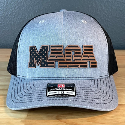 MAGA American Flag Patriotic Leather Patch SnapBack Trucker Hat Rawhide Patch Hat