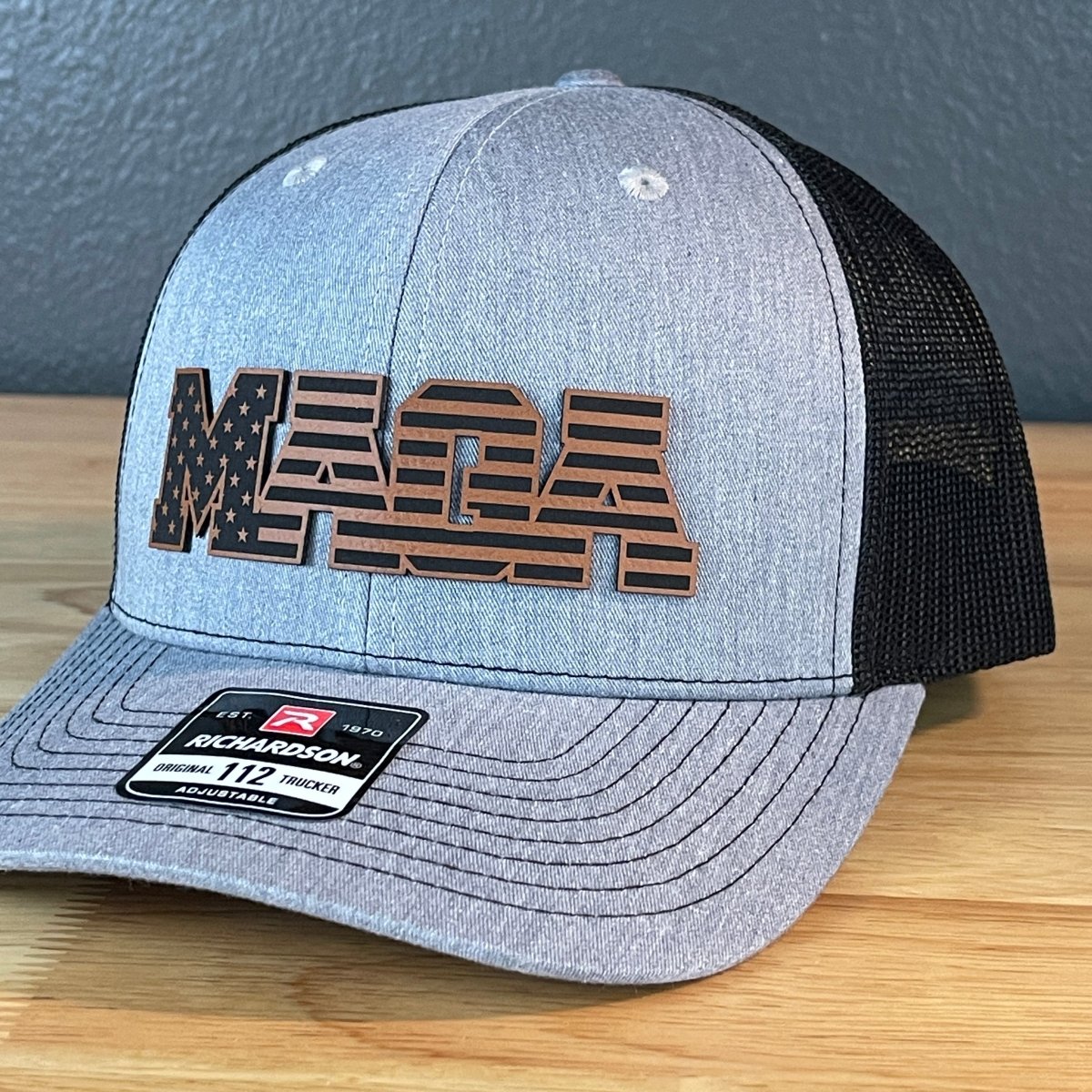 MAGA American Flag Patriotic Leather Patch SnapBack Trucker Hat Rawhide Patch Hat