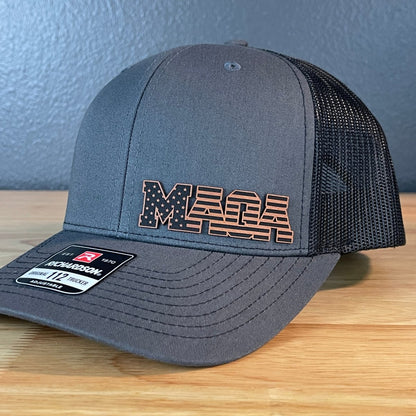 MAGA American Flag Patriotic Side Leather Patch SnapBack Trucker Hat Patch Hat