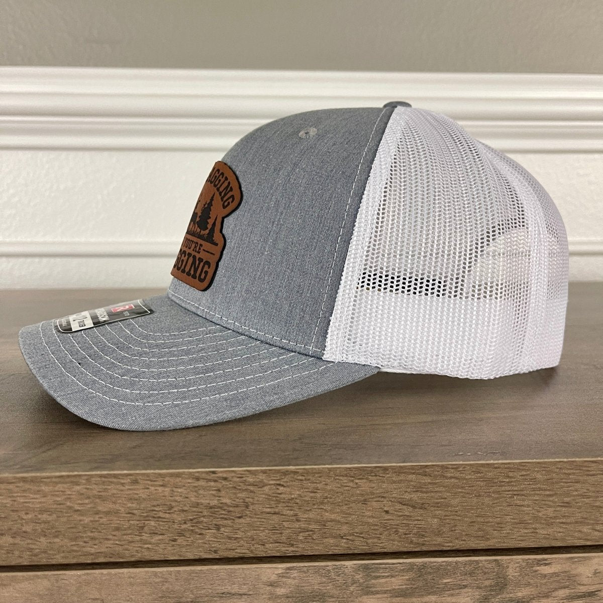 No Bragging Until You're Dragging Hunting Leather Patch Hat Grey/White Patch Hat - VividEditions