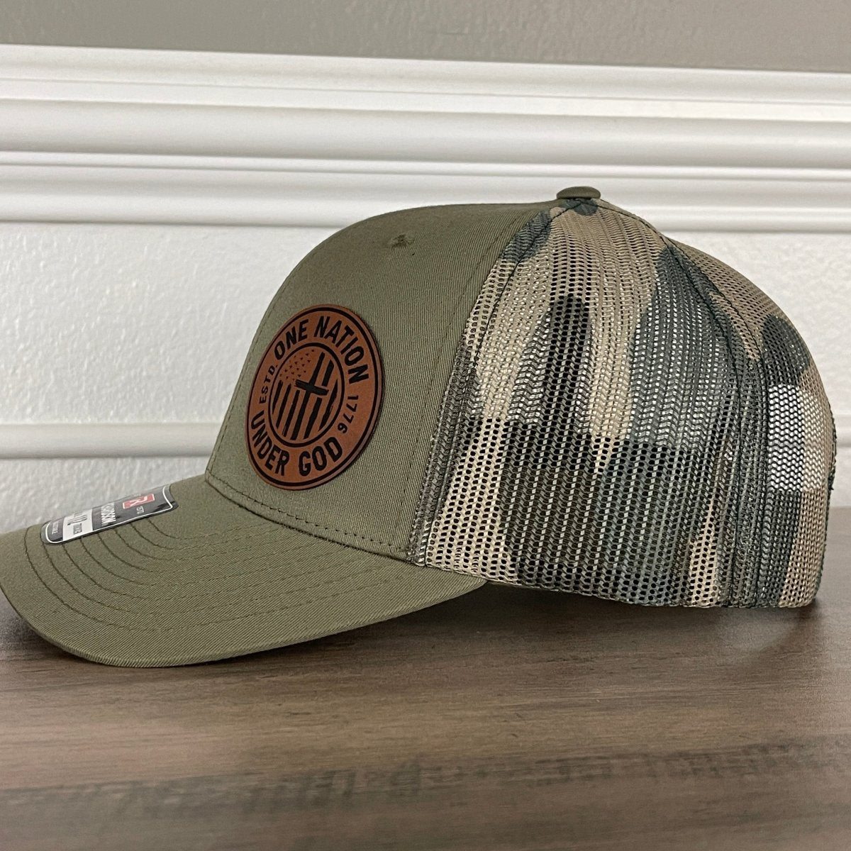 One Nation Under God Flag Cross Patriotic Leather Patch Hat Green/Camo Patch Hat - VividEditions