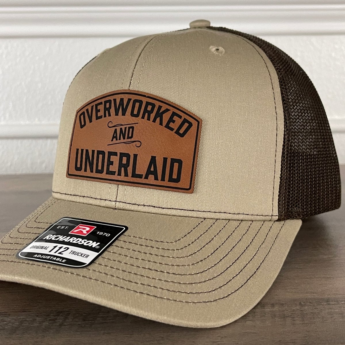 Overworked And Underlaid Leather Patch Hat Khaki/Brown Patch Hat - VividEditions