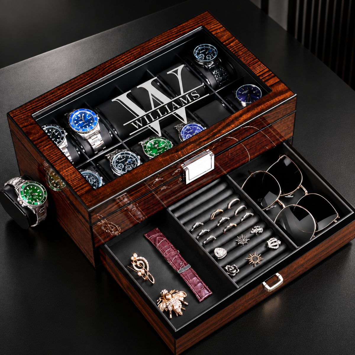 Personalized Wooden Watch Box with Glass Lid & Jewelry Drawer