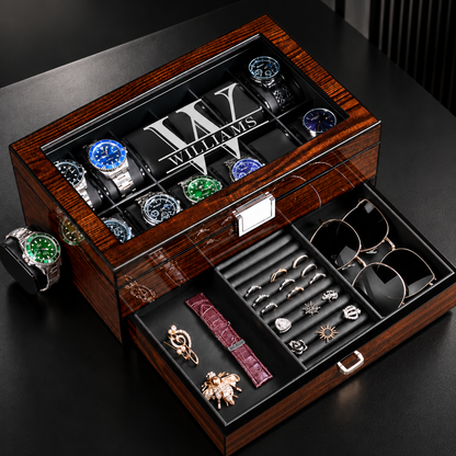 Personalized Wooden Watch Box with Glass Lid & Jewelry Drawer
