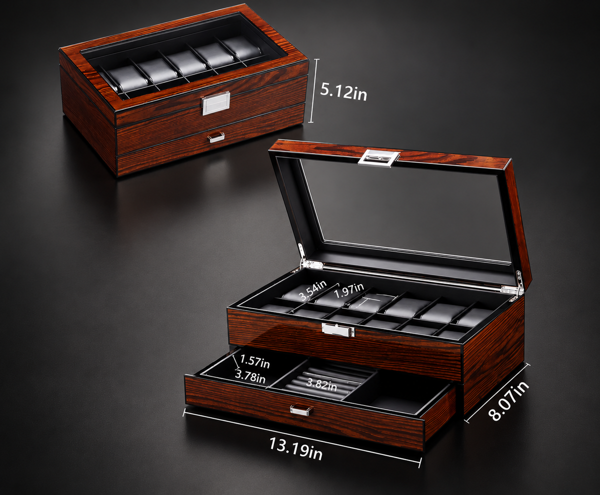 Personalized Wooden Watch Box with Glass Lid & Jewelry Drawer