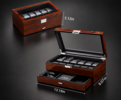 Personalized Wooden Watch Box with Glass Lid & Jewelry Drawer