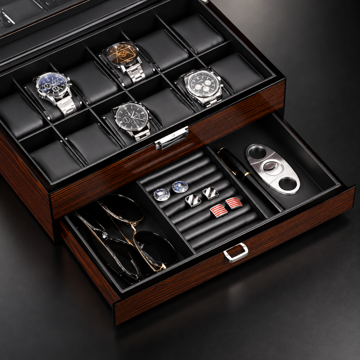 Personalized Wooden Watch Box with Glass Lid & Jewelry Drawer