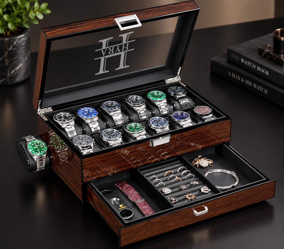 Personalized Wooden Watch Box with Glass Lid & Jewelry Drawer