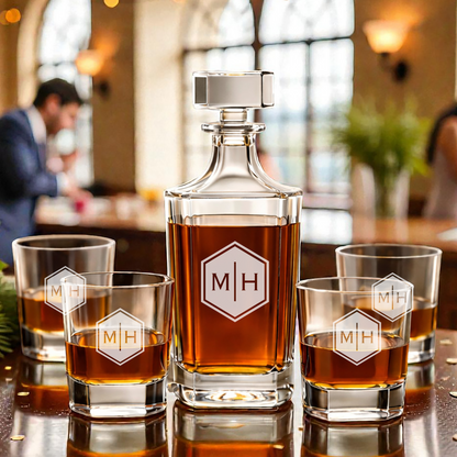 Personalized Etched Wedding Monogram Whiskey Decanter Set with 4 Rocks Glasses