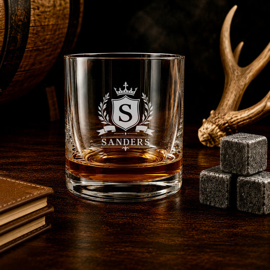 Personalized Family Name Whiskey Glass with Monogram Crest
