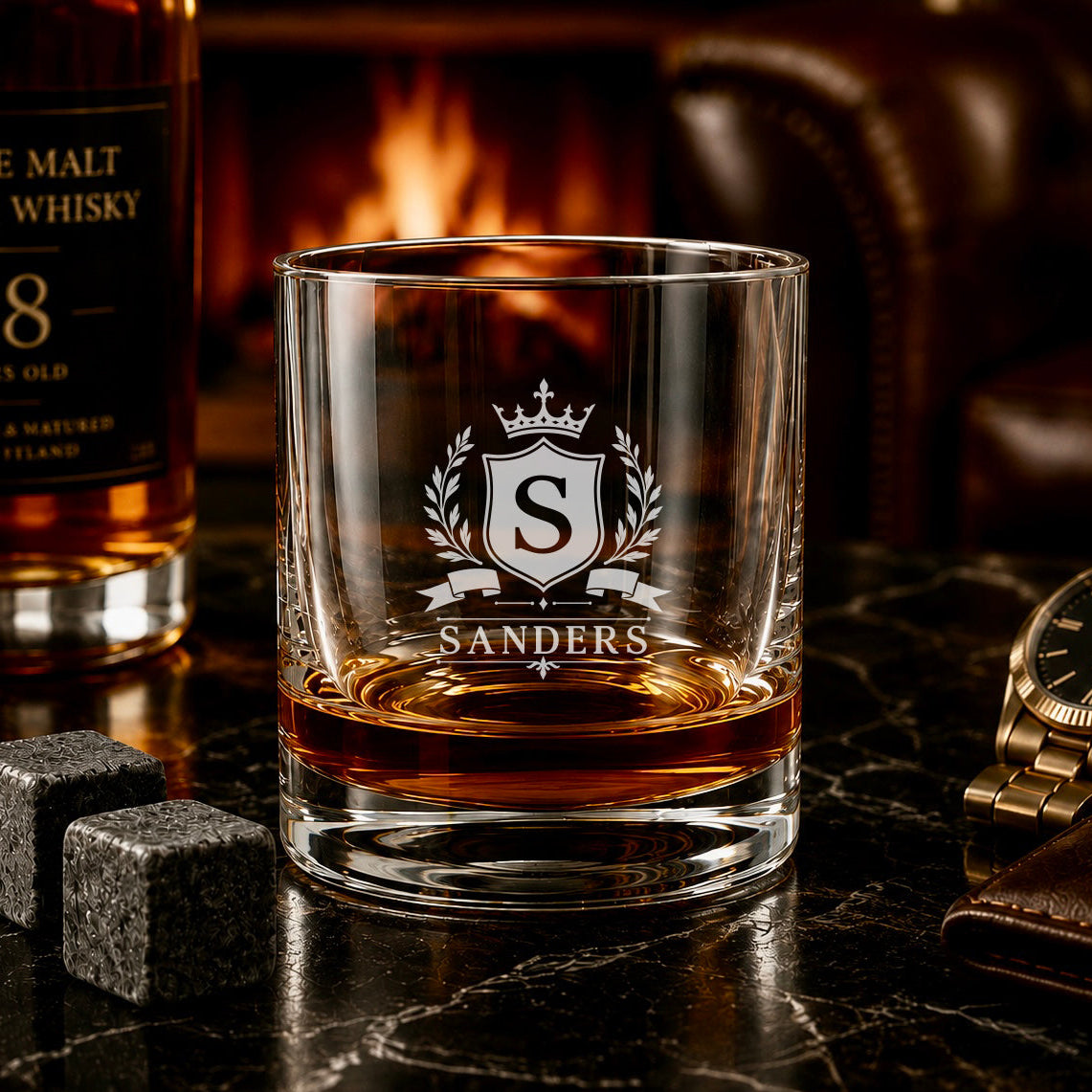 Personalized Family Name Whiskey Glass with Monogram Crest
