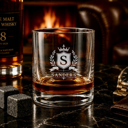 Personalized Family Name Whiskey Glass with Monogram Crest
