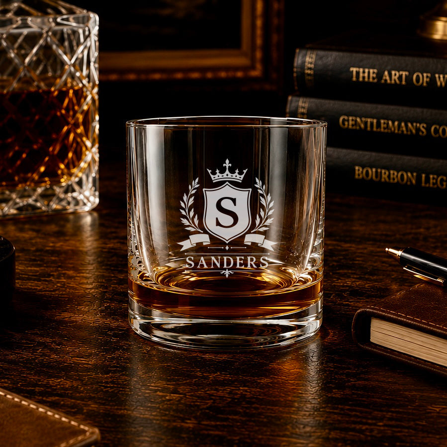 Personalized Family Name Whiskey Glass with Monogram Crest