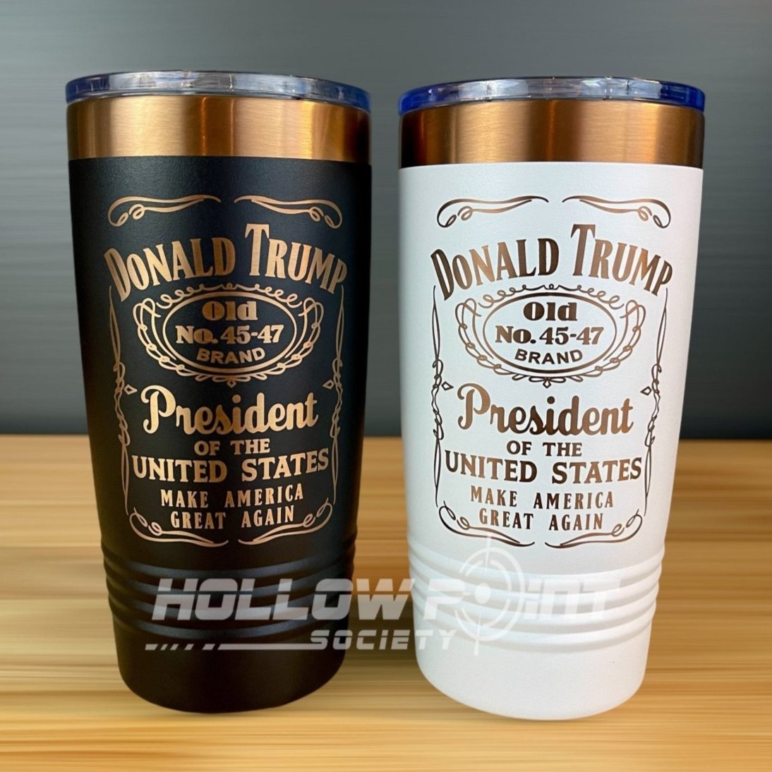 Set of 2: Trump 45 - 47 Vintage Label Collector's 20oz Rose Gold Laser Engraved Tumblers Tumblers