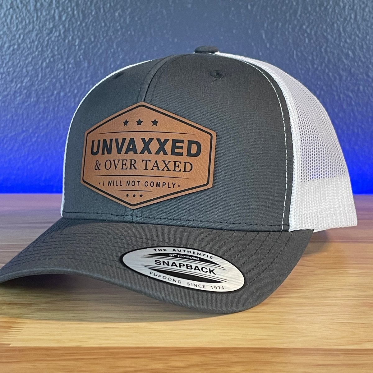 UNVAXXED & OVER TAXED Leather Patch Hat Rawhide Charcoal/White Patch Hat