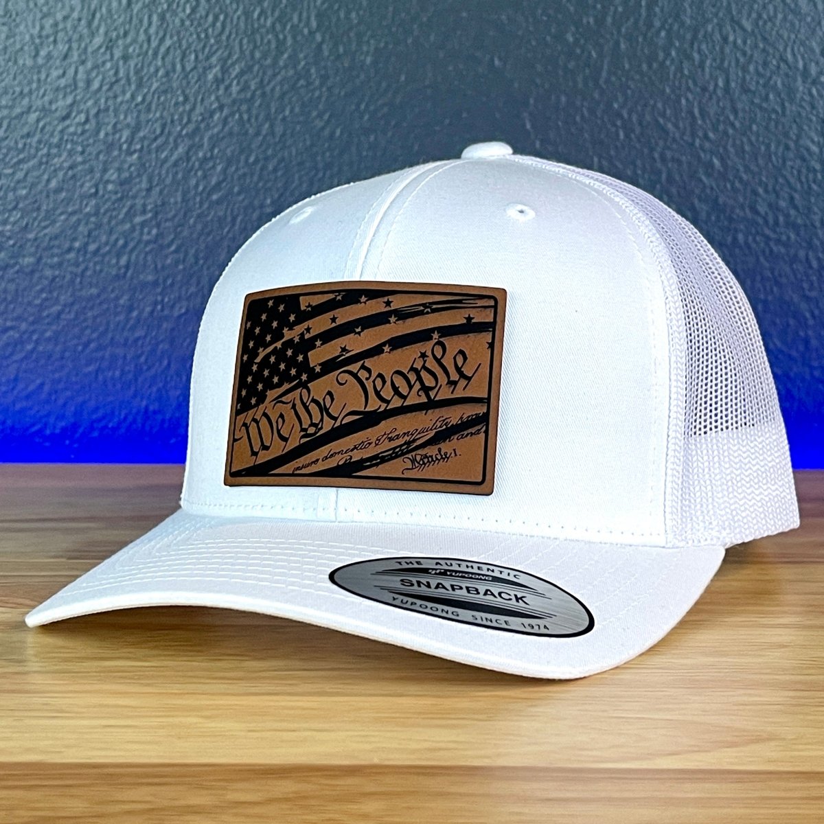 We The People Constitution American Flag Patriotic Leather Patch SnapBack Trucker Hat White Patch Hat