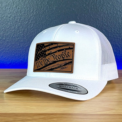 We The People Constitution American Flag Patriotic Leather Patch SnapBack Trucker Hat White Patch Hat