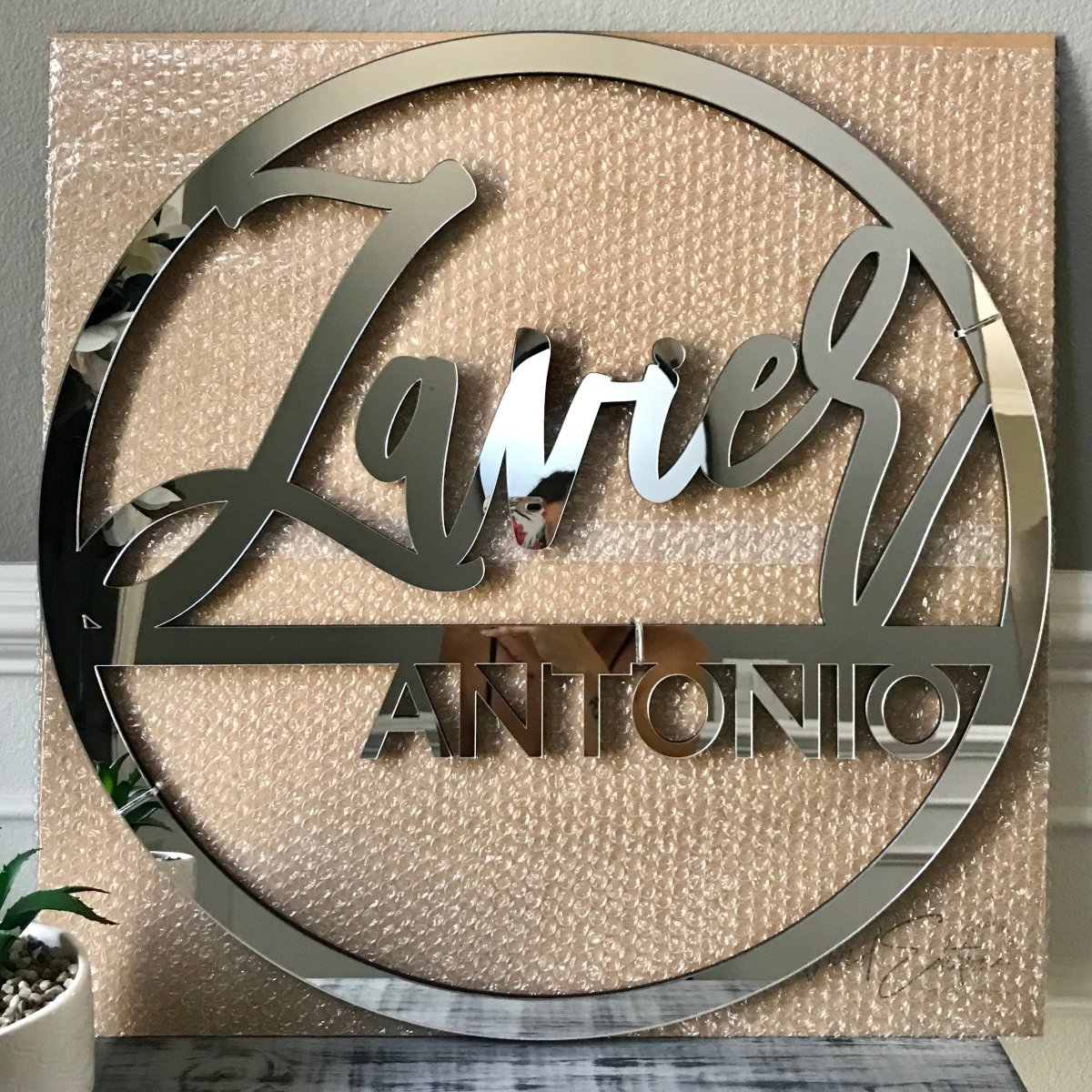 Split Round First + Middle Name Sign, Acrylic or Wood - VividEditions